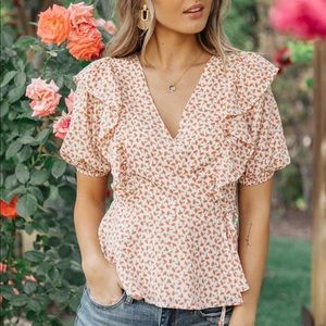 Folk Song Floral Ruffle Peplum Wrap Blouse in Coral